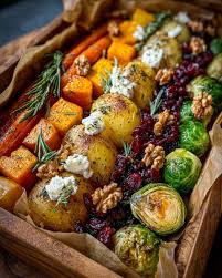 Caramelized Butternut Squash, Carrots, Brussels Sprouts & Sweet Potato with Feta, Walnuts & Cranberry-Honey Glaze